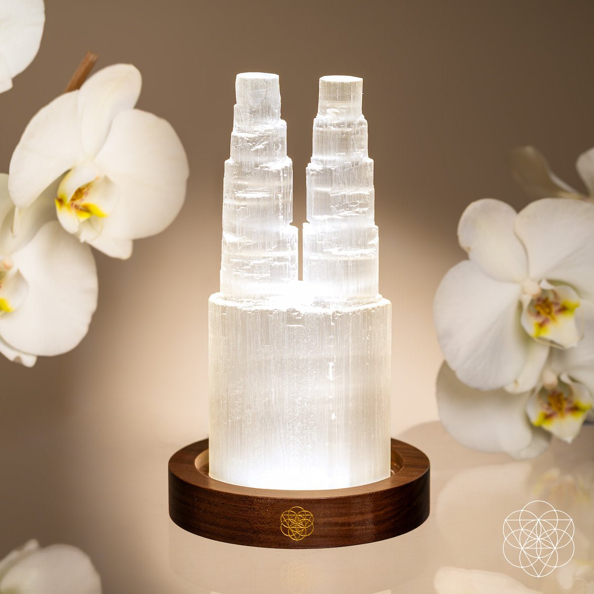 The Two-Tower Selenite Lamp by Conscious Items rests on a wooden base, accented with white orchids. Its gentle glow creates a tranquil mood, perfect for deep energy cleanse & reset in peaceful moments.