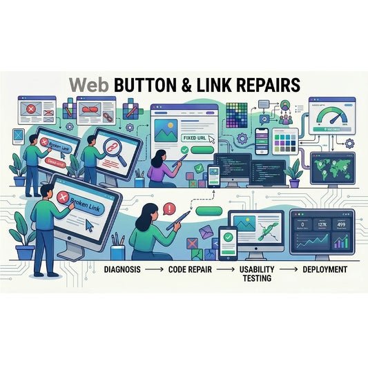 Website page for web button and link repairs with illustrations of people working on computers.