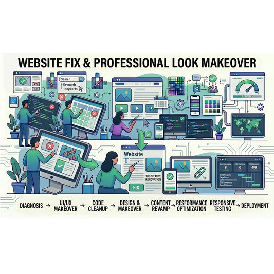Website fix and professional look makeover service illustration with people working on computers.
