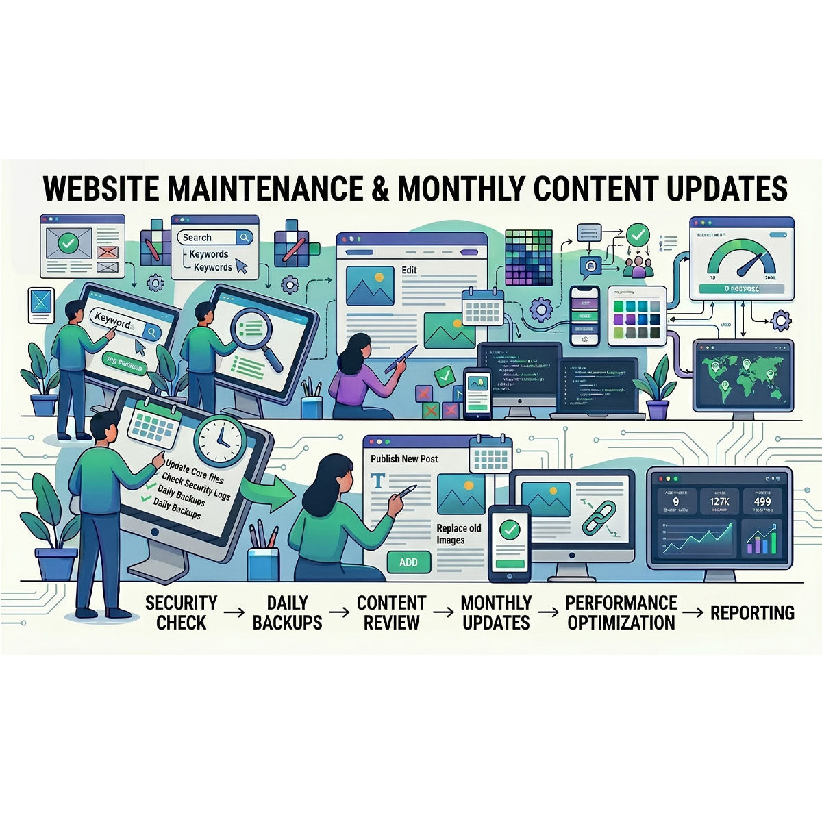 Website maintenance and content updates service description with colorful illustrations of people working on computers.