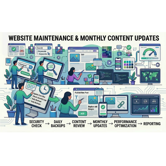 Website maintenance and content updates service description with colorful illustrations of people working on computers.