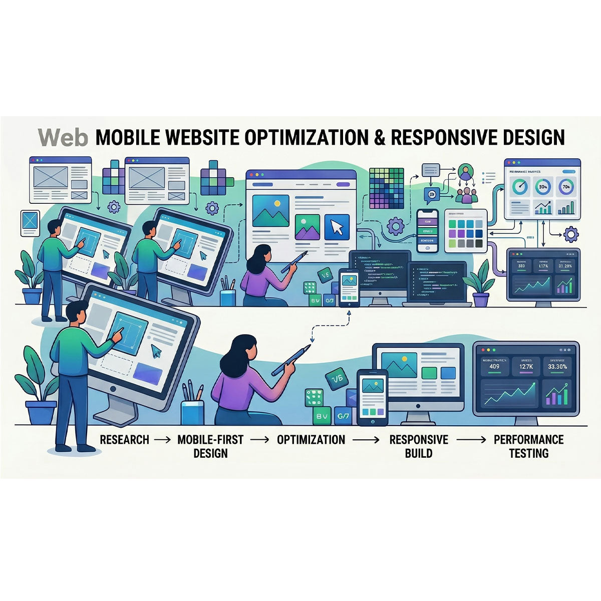 Website optimization and responsive design services with illustrated people working on computers.