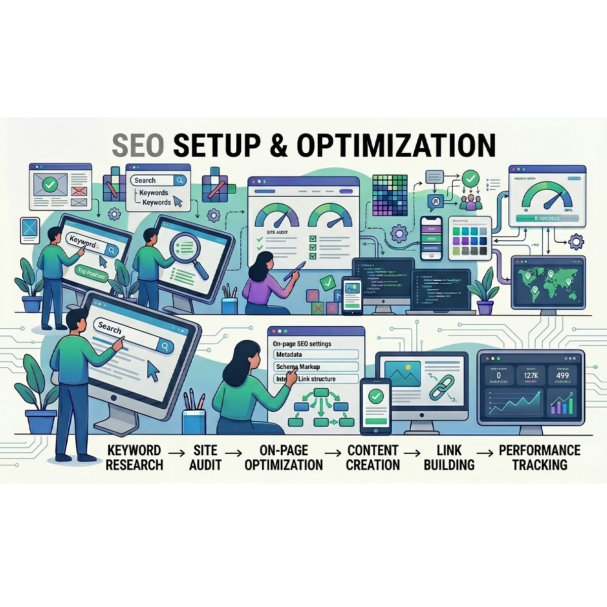 SEO setup and optimization services with people working on computers and various tools.