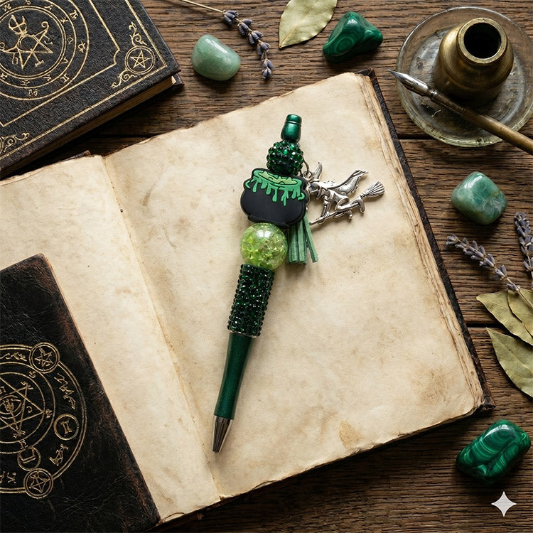 Decorative pen with green accents on an open book surrounded by mystical items on a wooden surface.