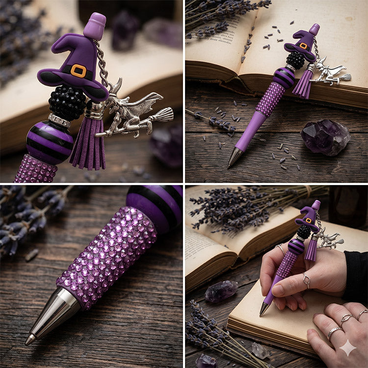 Collage of a purple witch-themed pen with decorative elements on a wooden surface with lavender.