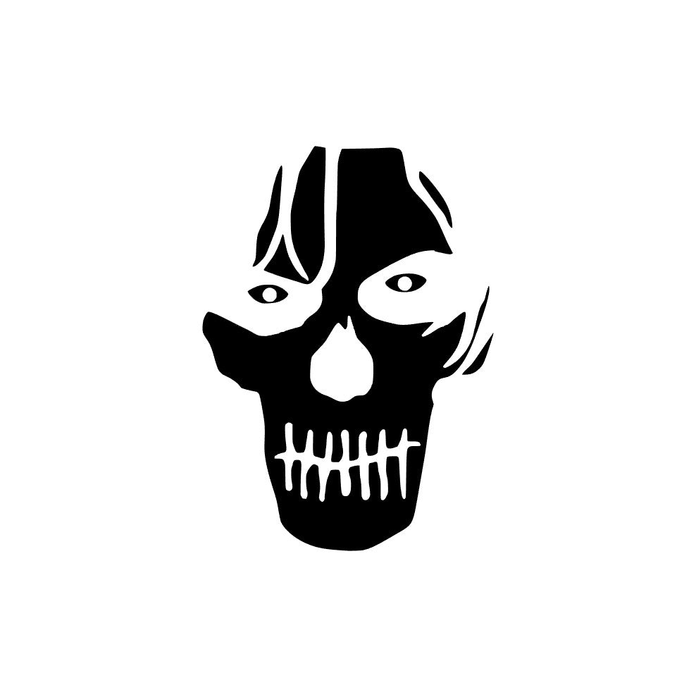 Black and white minimalist illustration of a human skull with stylized features, inspired by The Band Ghost Decals from GorgeousDragon Designs LLC—ideal for fans seeking Papa Emeritus stickers or heavy metal car graphics.